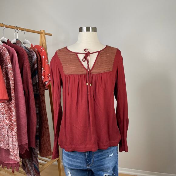 Ella Moss • Boho Peasant Red Blouse Tie Neck - Picture 4 of 8